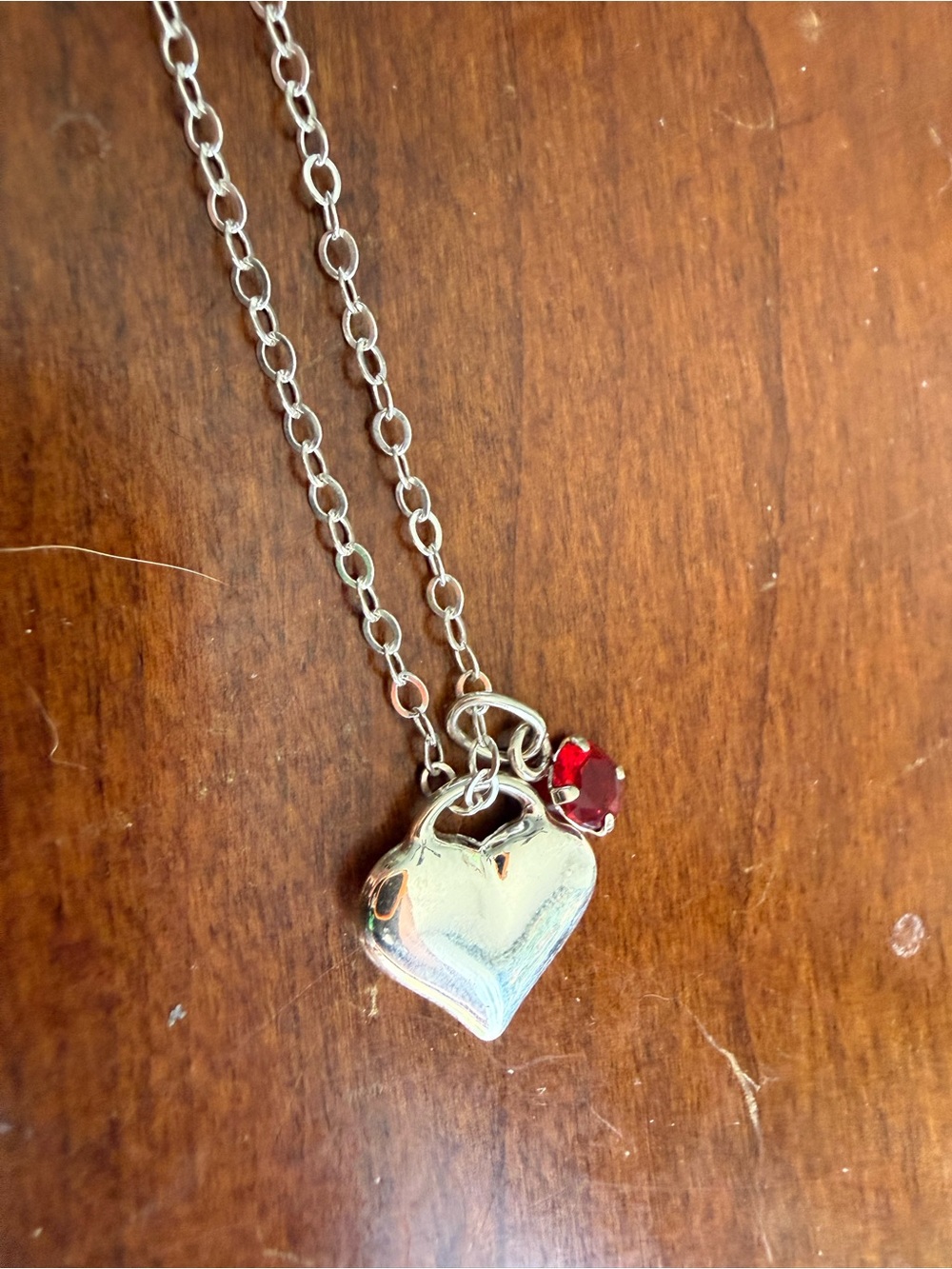 Sterling Silver Heart Pendant Necklace with Red Gem Accent